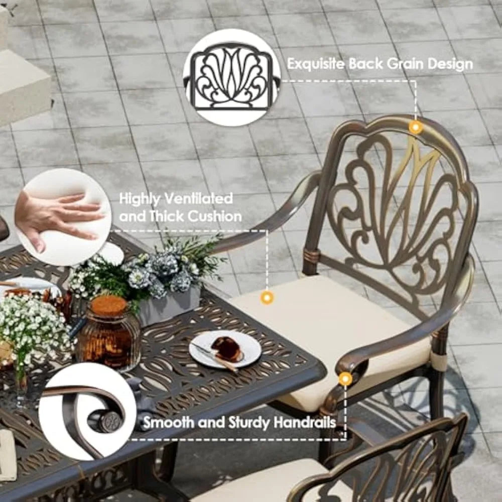 Outdoor Dining Set of 6, Retro Patio Dining Table Set with 6 Chairs, 59” Rectangular Table and Chair Set with Umbrella