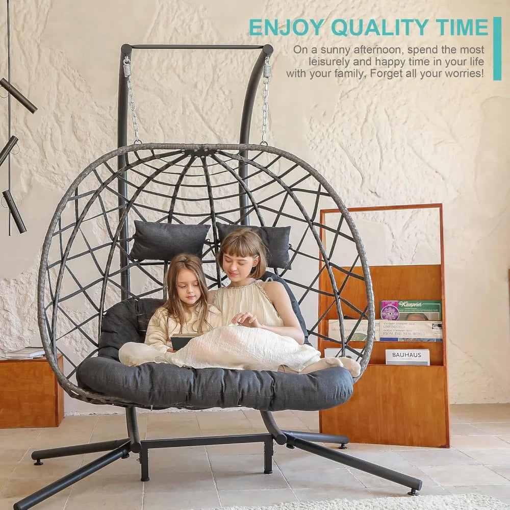 Double Egg Swing Chair with Stand, 2 Person Outdoor Indoor Hammock Hanging Chair with Cushion for Patio Living Room
