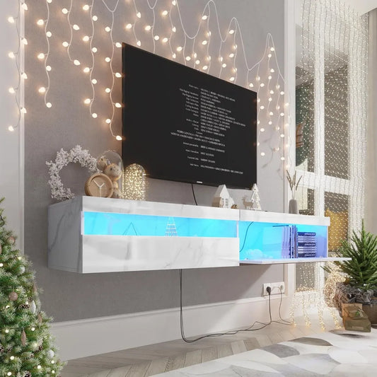 Floating Tv Stand With Led Lights, 71 Inch Wall Mounted Tv Shelf With Power Outlet, Modern Entertainment Center Media Console Wi