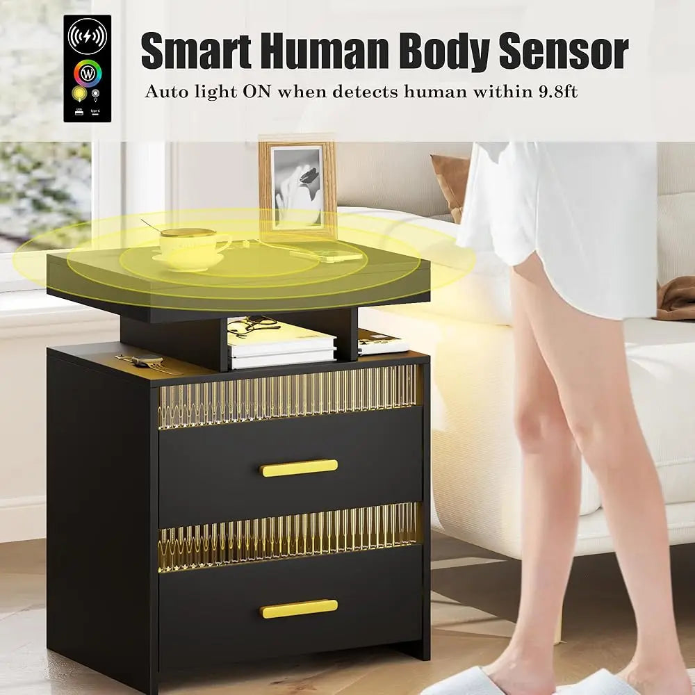 Nightstand With Charging Station And Led Lights, Night Stand With 2 Drawers, Wood Smart Bedside Table, Modern Bed Side Table