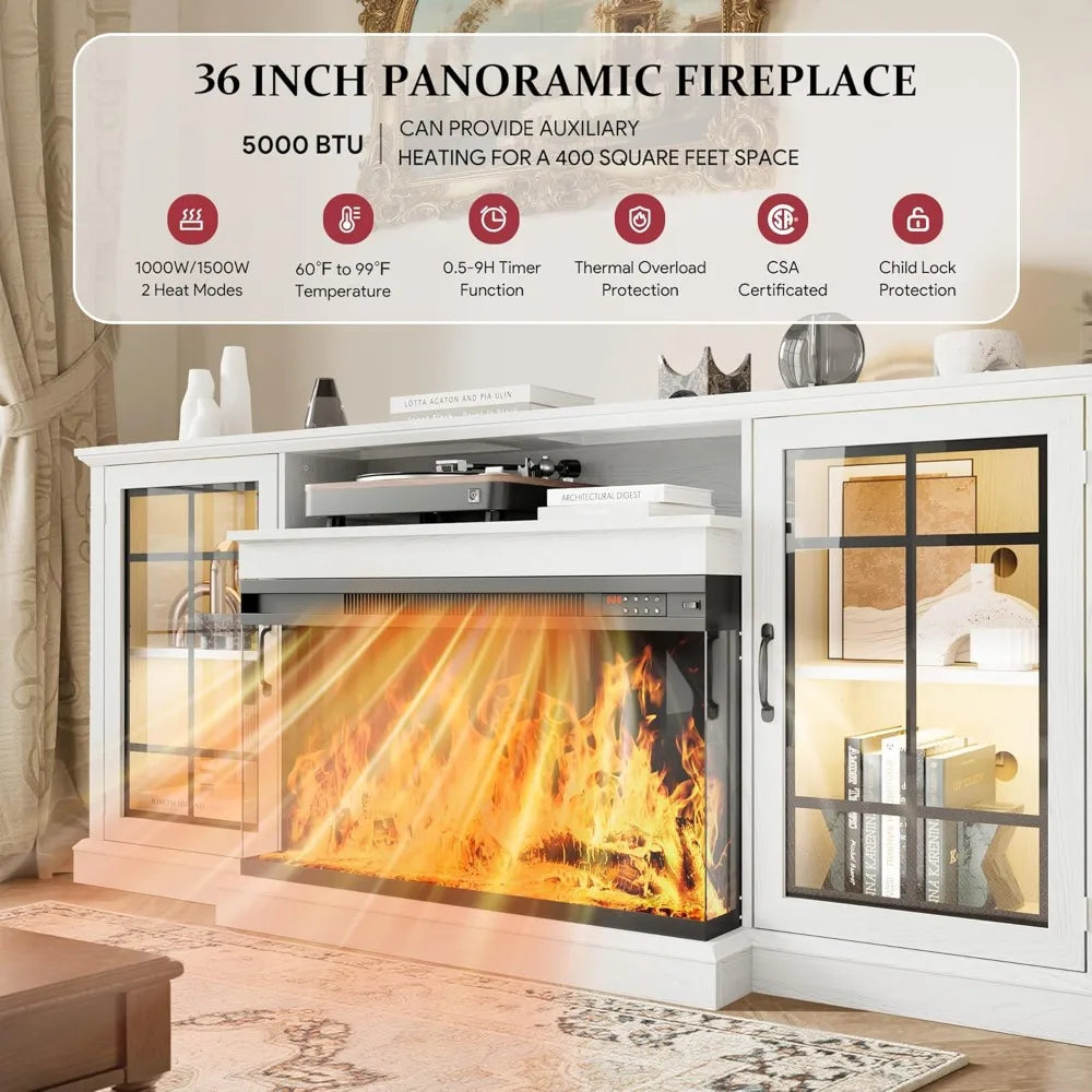 70'' Fireplace TV Stand, Farmhouse Entertainment Center with 3 Sided Glass TV Stand, Modern Media Console Table with Storage