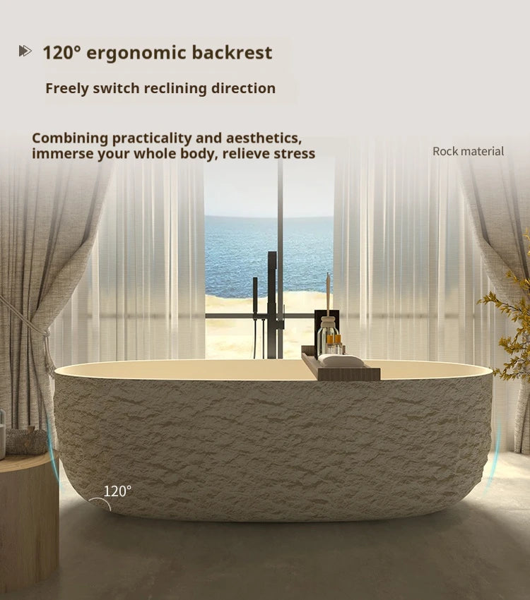 "Luxury Wabi Sabi Stone Texture Bathtub -Handmade One-Piece Artificial Rock Freestanding Tub, Artistic Bath for Home & B&B"