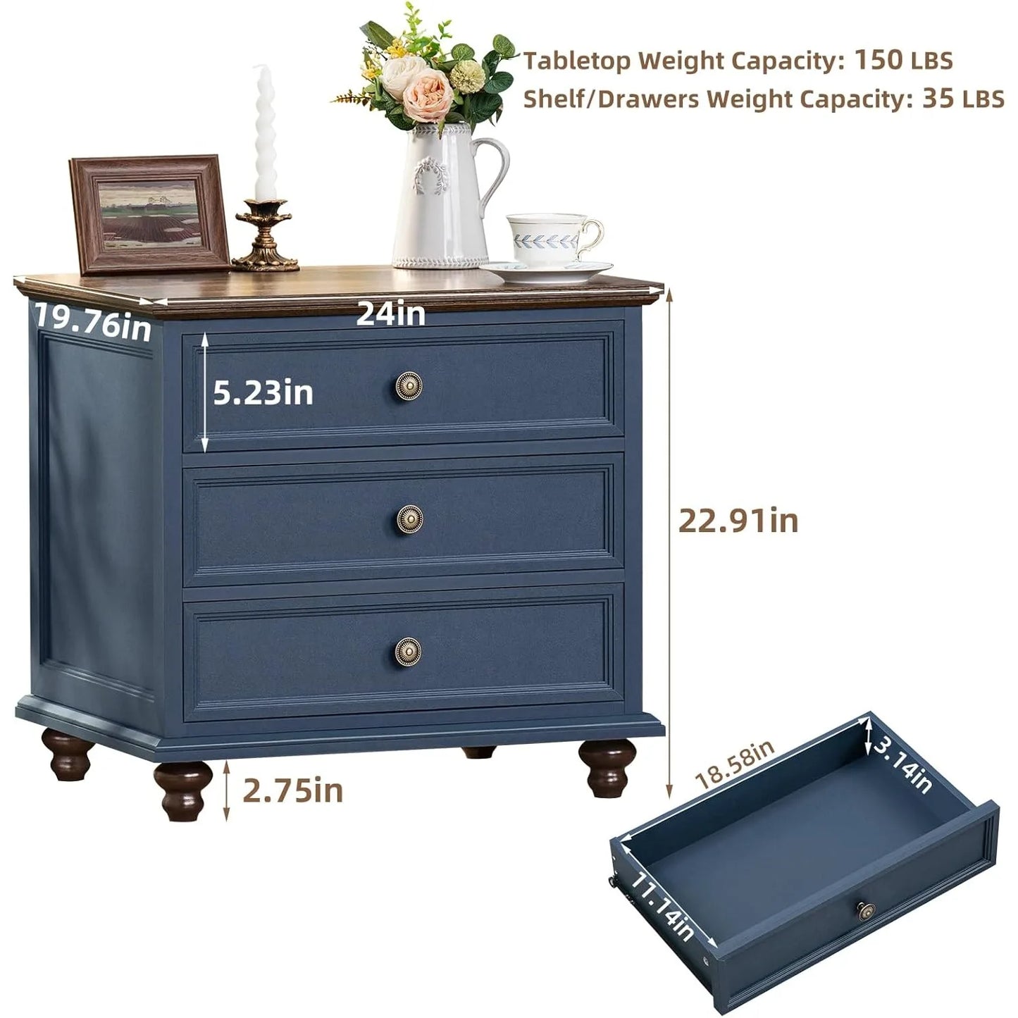 24" Wide Farmhouse Night Stand,Large End Table with 3 Drawers & Metal Handle,Navy Blue Dresser for Bedroom, Wood Bed Side Table
