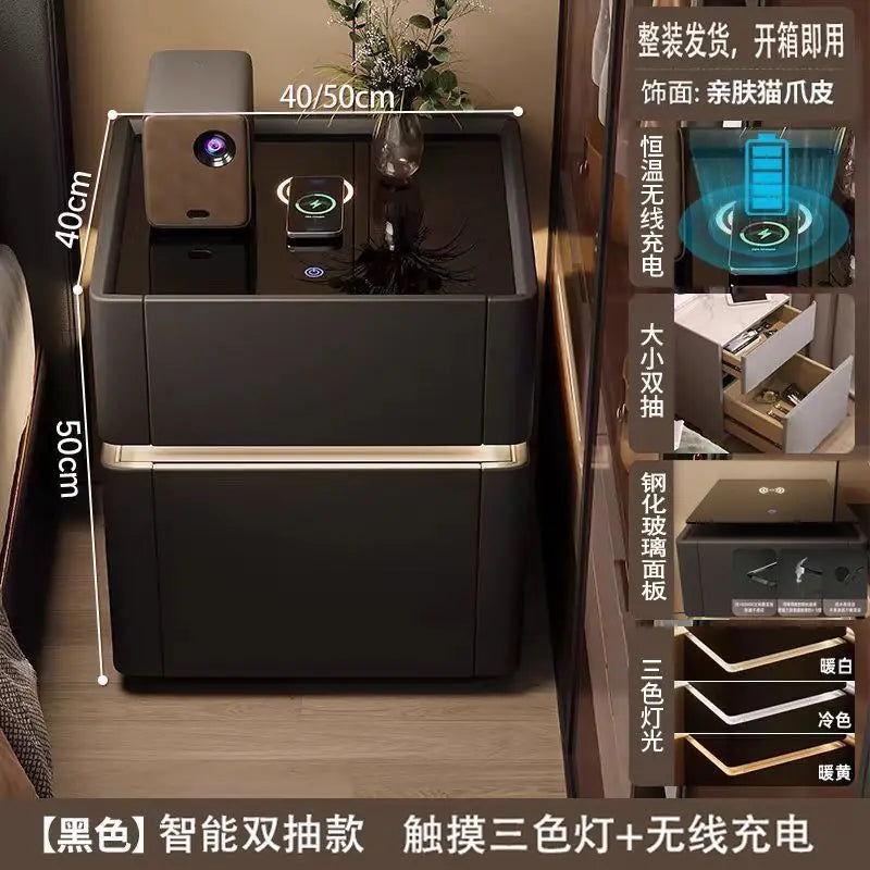 Smart Nightstand with LED Light Wireless Charging Safe or 2 Drawers – Modern Bedside Table Tempered Glass Top No Assembly