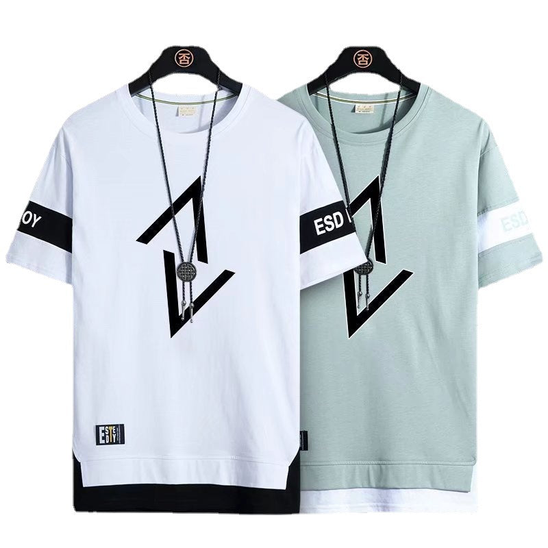 Summer Two-pieces t-shirt Printed Short-sleeved T-shirt Men Crew Neck Casual