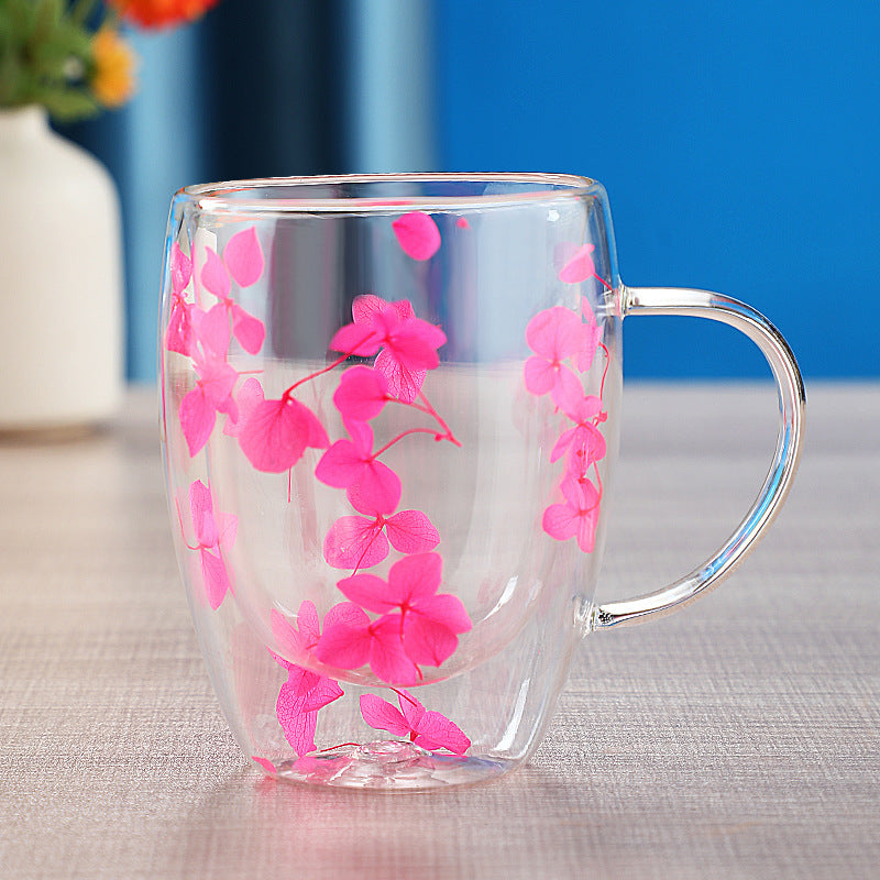 Real dried flower double wall glass cup