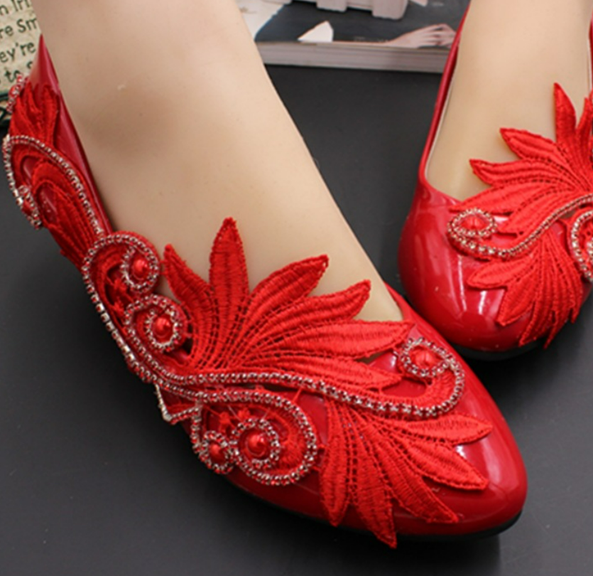 Red flat wedding shoes chines style