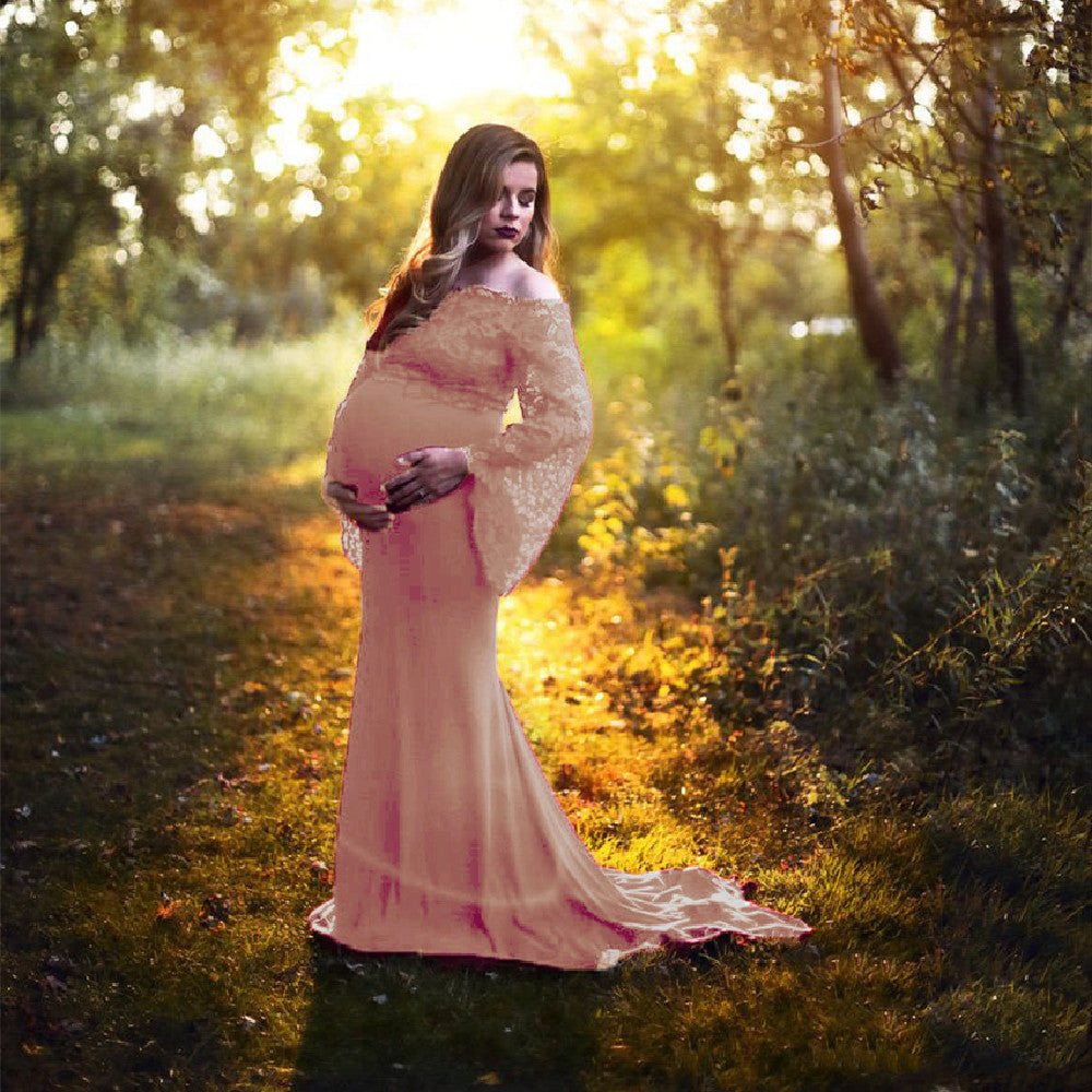 Women's Lace Long-sleeved Mercerized Cotton Off-neck Maternity Dress