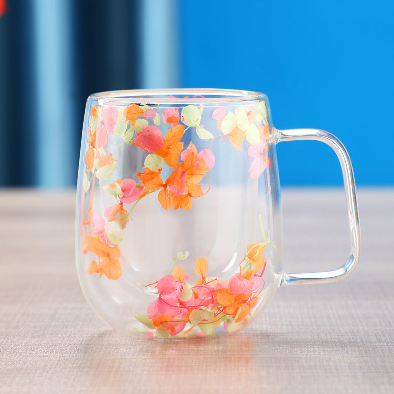 Real dried flower double wall glass cup